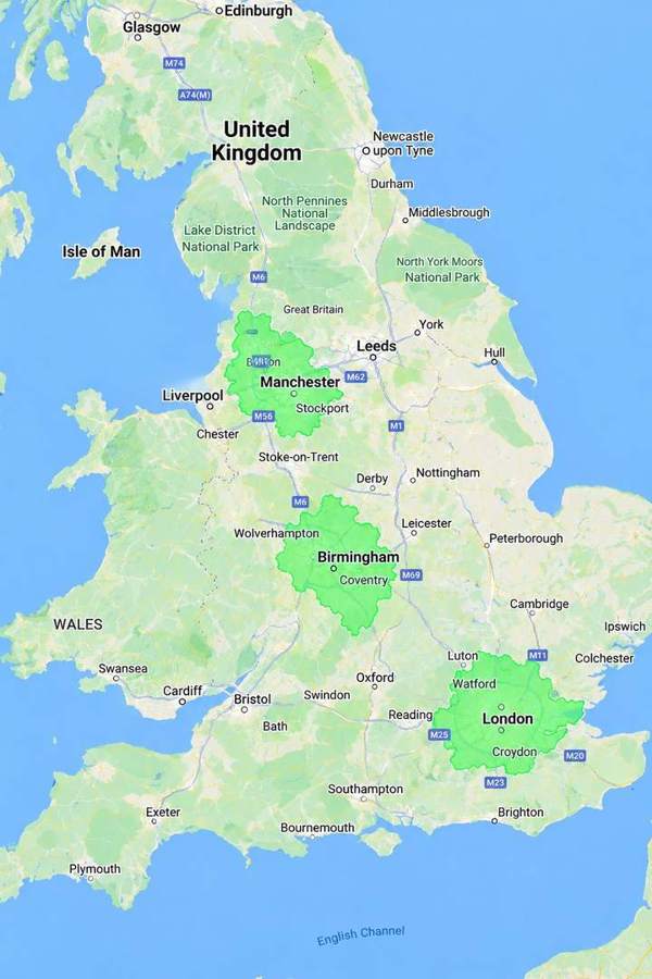 HomeIQO cleaning service areas in London, Birmingham and Manchester